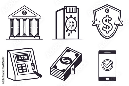Financial icons including bank, safe, atm, and mobile payment
