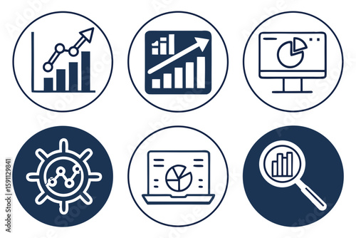 Collection of six dark blue icons for business analytics and growth