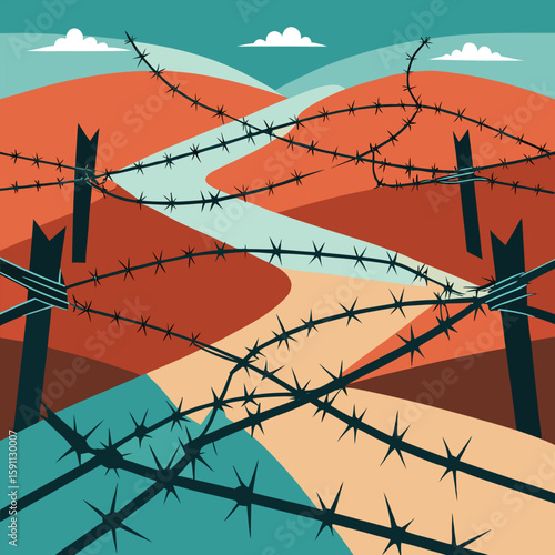 Sharp barbed wire fence, a stark barrier against the dramatic sky at sunset