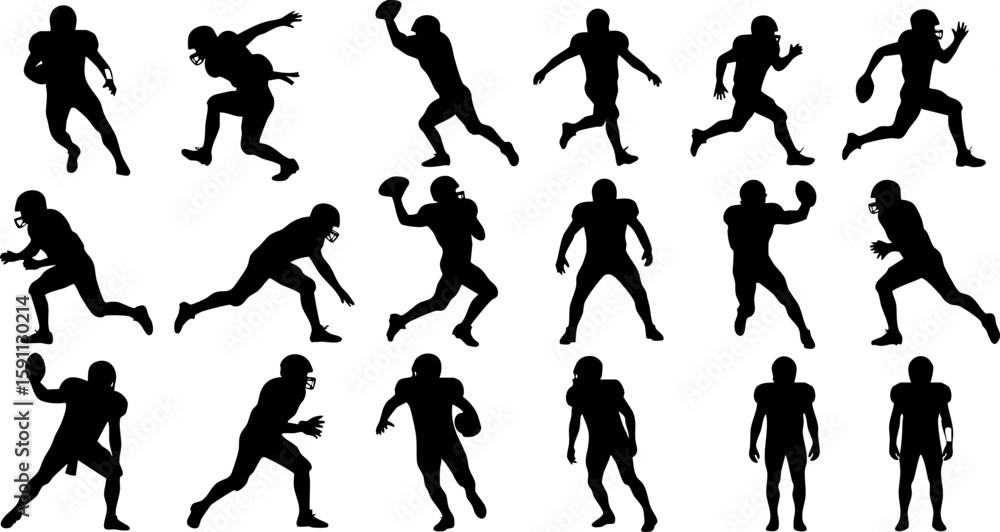 A collection of vector sport player silhouettes including men and women running, playing football, soccer, tennis, and basketball A collection of vector sport player silhouettes including men and women running, playing football, soccer, tennis, and basketball
