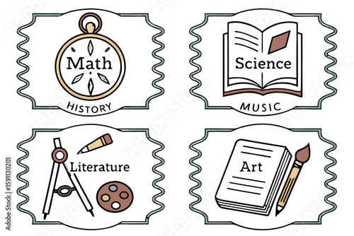 Icons representing different academic subjects like math and science