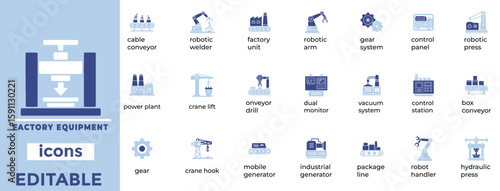 Clean, editable vector icons of factory equipment designed for industrial, mechanical, and manufacturing applications.