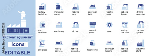 Clean, editable vector icons of factory equipment designed for industrial, mechanical, and manufacturing applications.