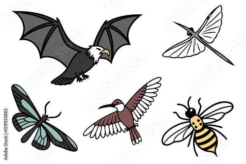 Assortment of flying creatures including a bat, eagle, dragonfly, butterfly, and bee