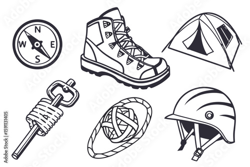 Outdoor adventure gear including boots and tent
