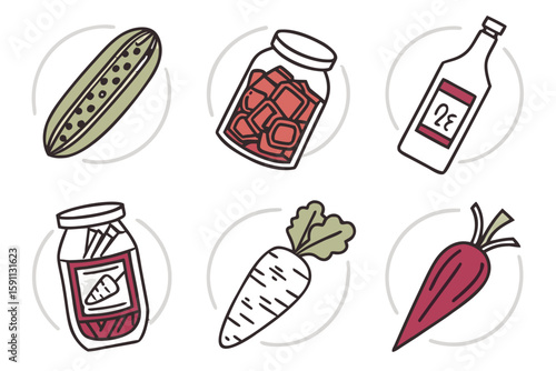 A collection of fresh vegetables and preserved foods in jars