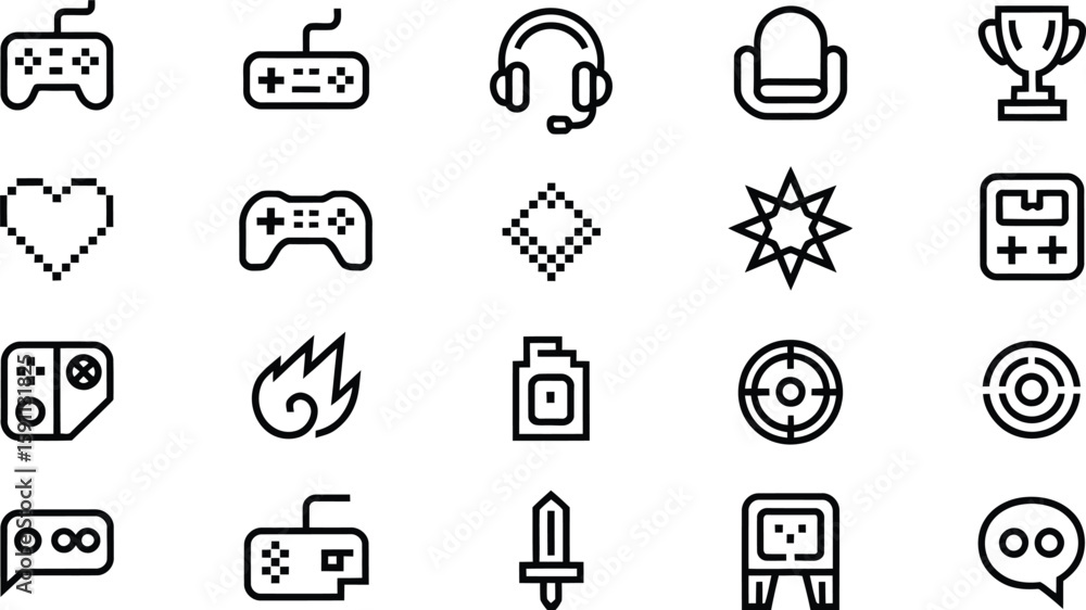Fototapeta premium Collection of gaming icons in a clean outline silhouette style