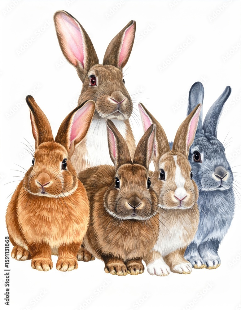 Fototapeta premium Group of five adorable rabbits in various colors