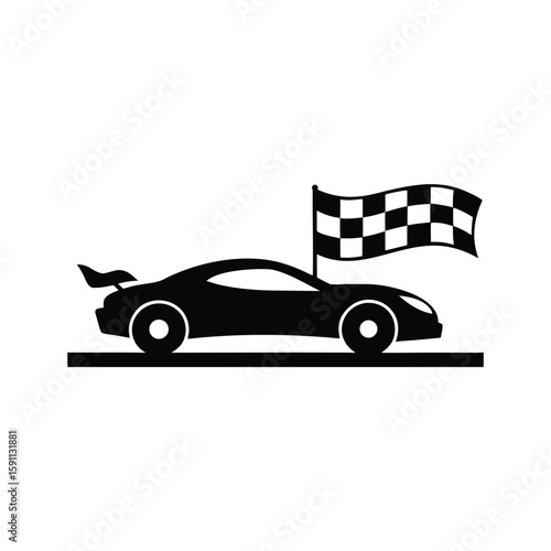 Dynamic black silhouette of a racing car speeding across the finish line