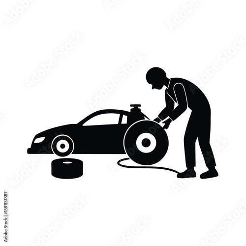 Dynamic black silhouette of a pit crew rapidly changing tires during a race