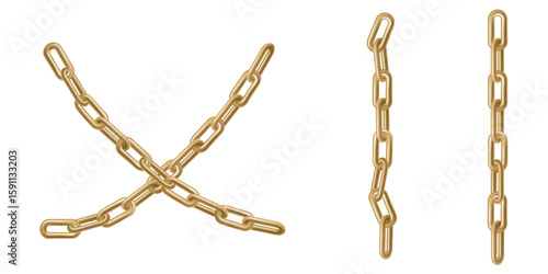 3d metal crossed chain isolated. Vector golden prison icon isolated. Security luxury realistic render. Abstract safely connected rings, long strong heavy border. Closed path, protected private package