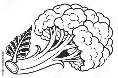 A detailed black and white illustration of a broccoli