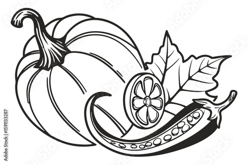 A collection of autumn vegetables including pumpkin and chili