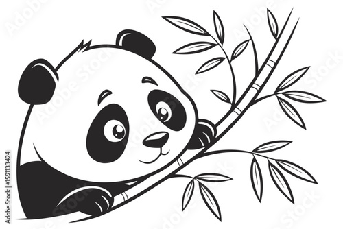 Cute panda bear holding onto a bamboo branch