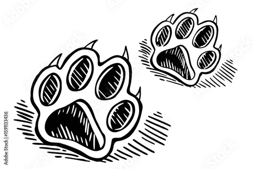 Two black and white paw prints with sharp claws