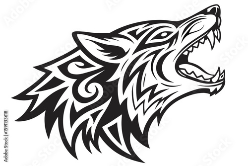 Tribal wolf head with an aggressive howl