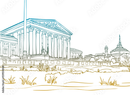 Great view on Washington DC, USA. Urban landscape. Hand drawn sketch. Colorful illustration. Line Art. Vector background. Without people. Postcard style.