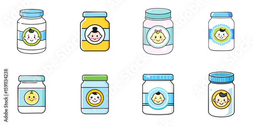 Multiple vector illustrations of bottles with labels with baby face on them, baby food, baby cream


