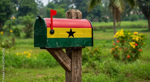 Ghanaian pride: A mailbox displaying the national flag in a serene landscape