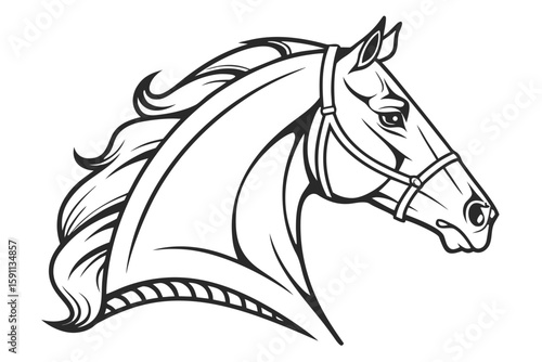 A black and white illustration of a horses head