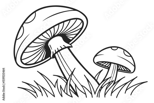 Two cartoon mushrooms growing in the grass