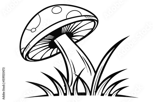 A single cartoon mushroom growing in the grass