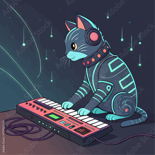 Synthwave Robot Cat Jamming on Retro Synthesizer
