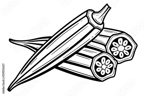 Three fresh okra pods, isolated on a white background