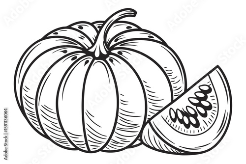 A whole pumpkin with a slice cut out