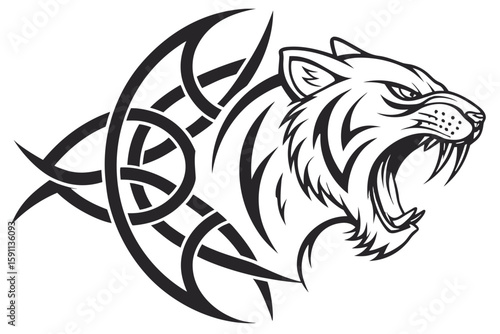 Aggressive tiger head roaring with celtic tribal design, illustration