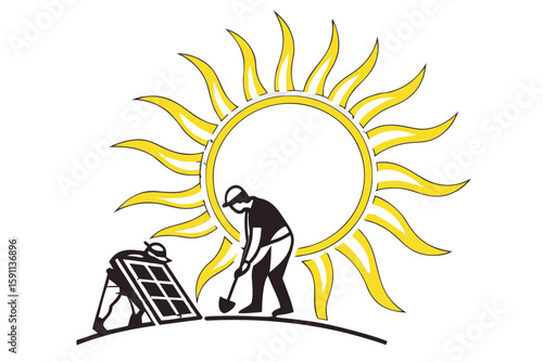 Man installing solar panel under a large sun