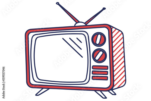 A vintage red and white striped television with an antenna