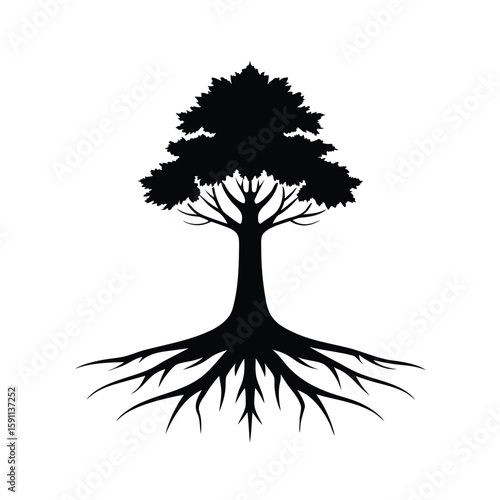 Majestic giant forest tree silhouette with intricate root system illustration