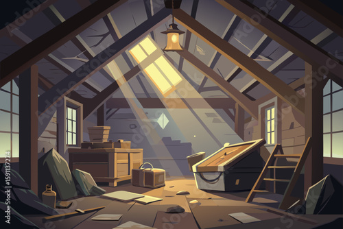 A Dusty Forgotten Attic Filled with Old Trunks and Cobwebs