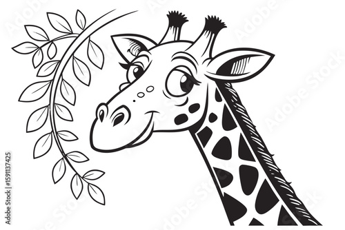 Cute giraffe head with leaves and branch