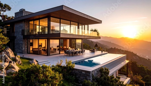 Modern luxury home perched on a hillside at sunset
