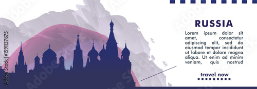Moscow, Russsia city banner with skyline, cityscape, landmarks. Horizontal travel vector illustration layout for website, page, presentation, header, footer