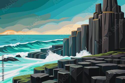 A Volcanic Black Sand Beach in Iceland with Dramatic Waves