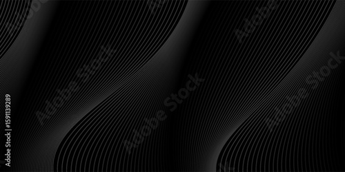 Black abstract background design. Modern wavy line pattern (guilloche curves) in monochrome colors.
