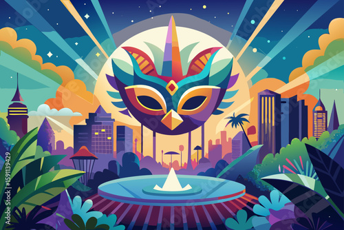 Abstract Carnival Mask Floating Above a Jungle City