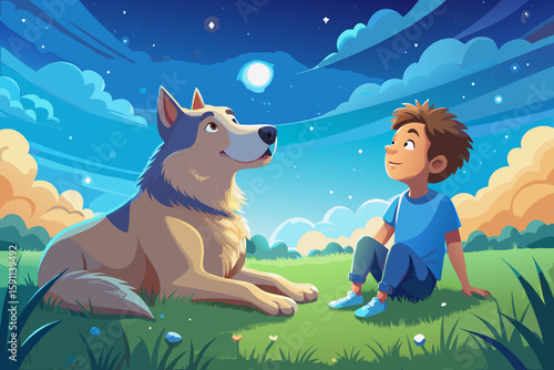 A boy and a big dog lie on the grass, staring at the sky — peaceful expressions on both.