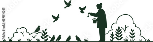 Serene Woman Feeding Birds Park Silhouette