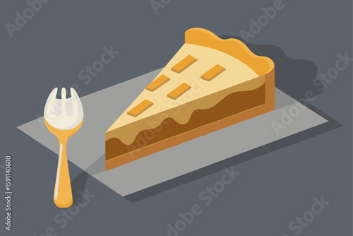 Baked Apple Pie Slice with Dripping Caramel on a Wooden Table