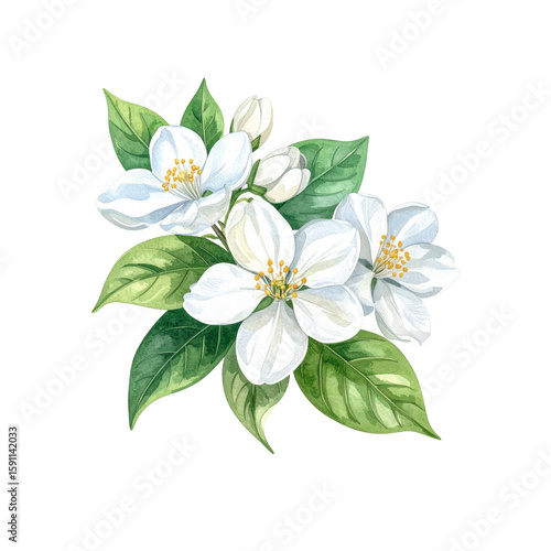 Delicate watercolor jasmine blossoms and leaves, hand-painted on transparent background