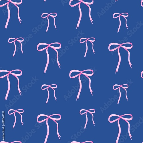 Seamless pattern with pink watercolor bows and ribbons on a classic royal blue background.