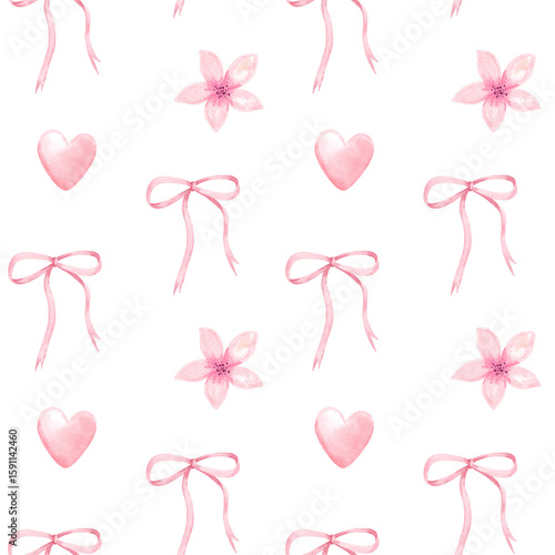 Seamless pattern with hand painted pink bows, hearts, and cherry blossom flowers in a soft watercolor style. Ideal for nursery design, stationery, scrapbooking, and digital background.