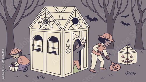 Halloween scene with cat in witch costume dogs pumpkins and spider web on a purple background stage