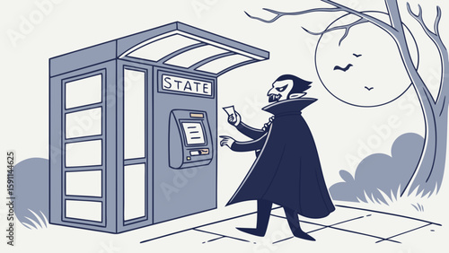 A vampire in a cape is using an atm machine at night with a full moon in the background scene