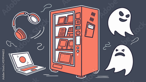 Illustration of a vending machine with electronics, headphones, laptop and two spooky ghost figures