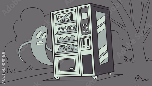 A cartoon drawing of a vending machine in a forest with a surprised ghost standing next to it at night